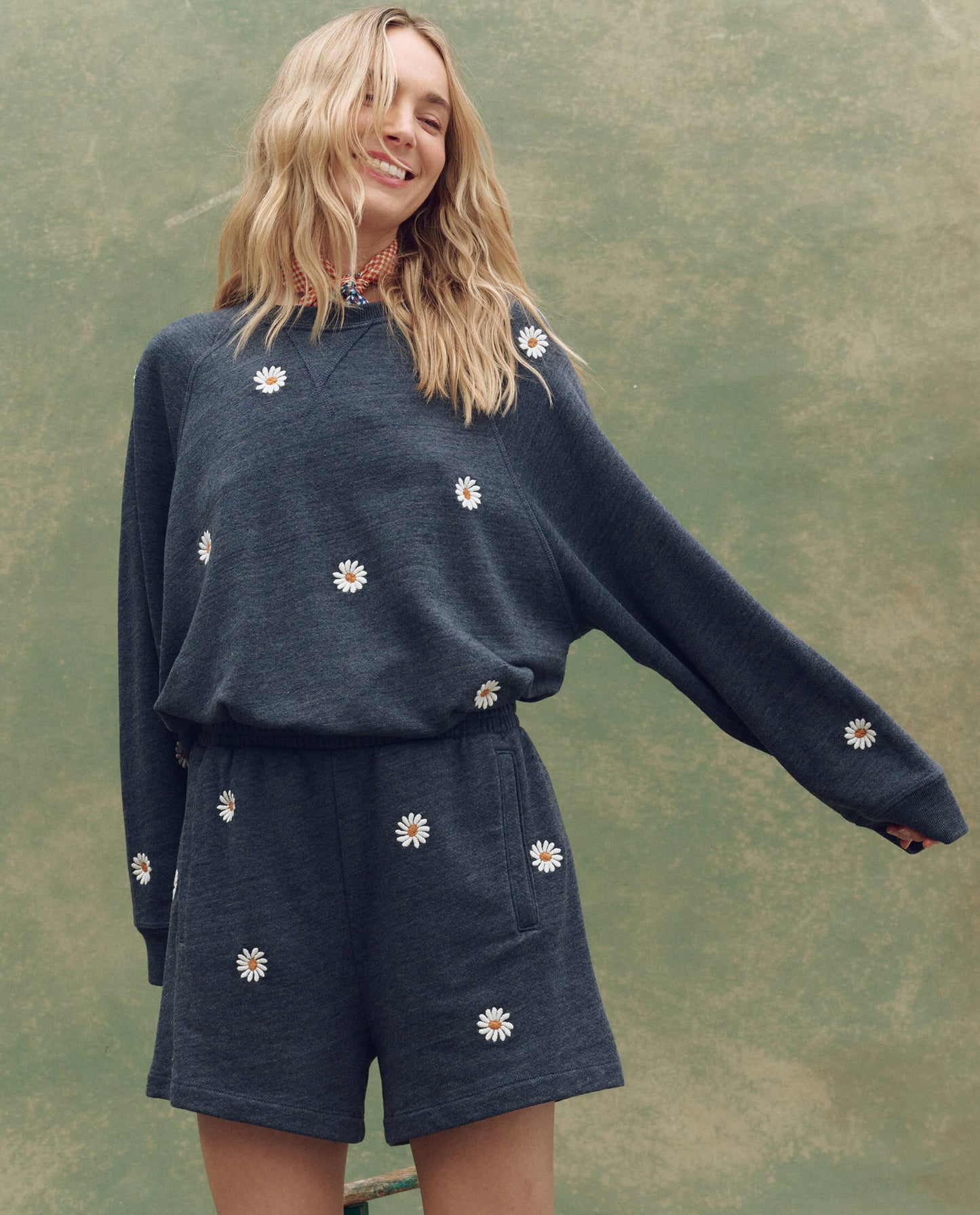 The Slouch Sweatshirt. Embroidered -- Heathered Vintage Blue with Floating Daisy Embroidery