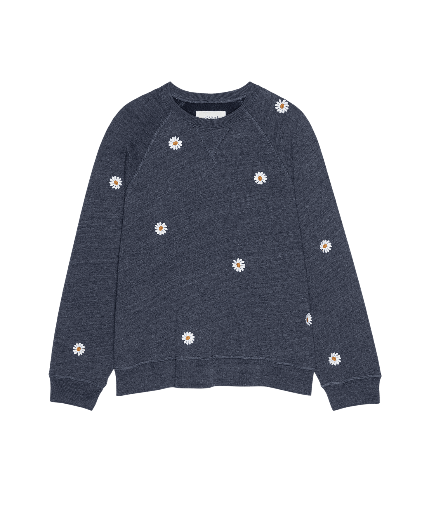 The Slouch Sweatshirt. Embroidered -- Heathered Vintage Blue with Floating Daisy Embroidery