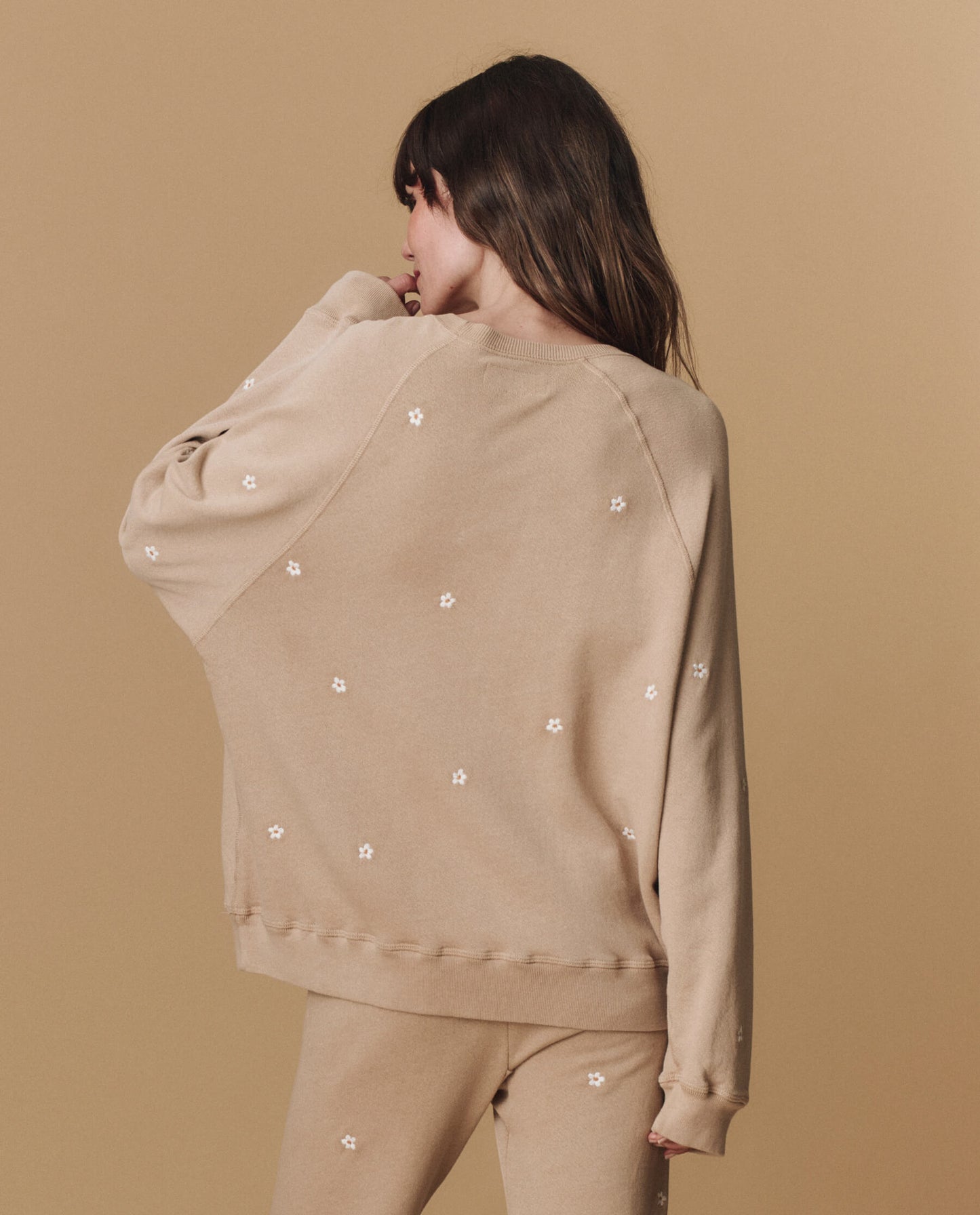 The Slouch Sweatshirt. Embroidered -- Khaki with Daisy Embroidery