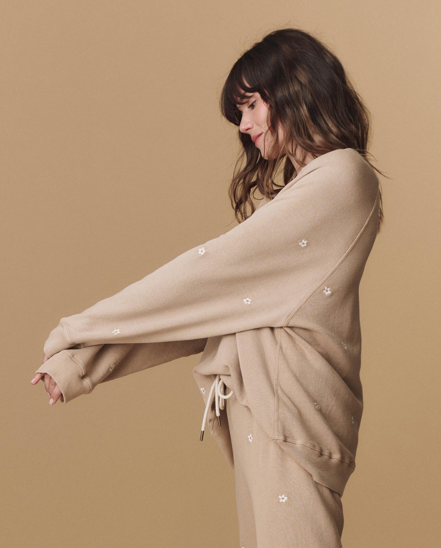 The Slouch Sweatshirt. Embroidered -- Khaki with Daisy Embroidery