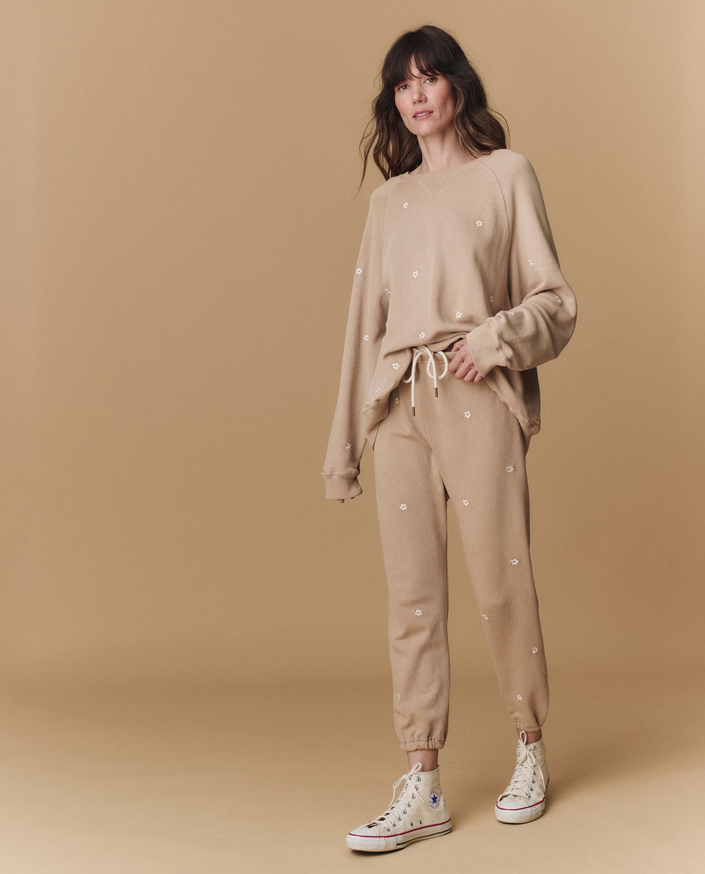 The Slouch Sweatshirt. Embroidered -- Khaki with Daisy Embroidery