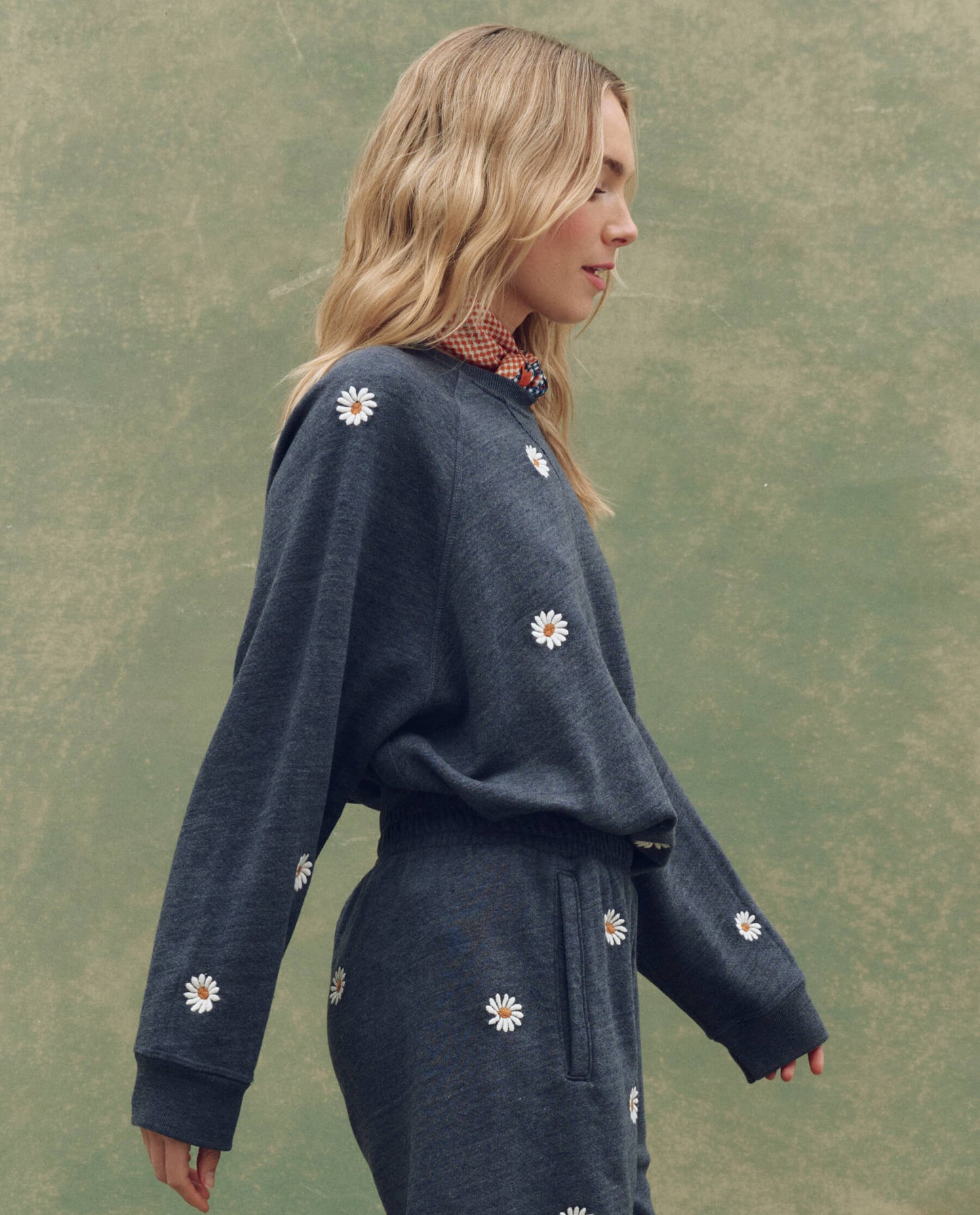 The Slouch Sweatshirt. Embroidered -- Heathered Vintage Blue with Floating Daisy Embroidery