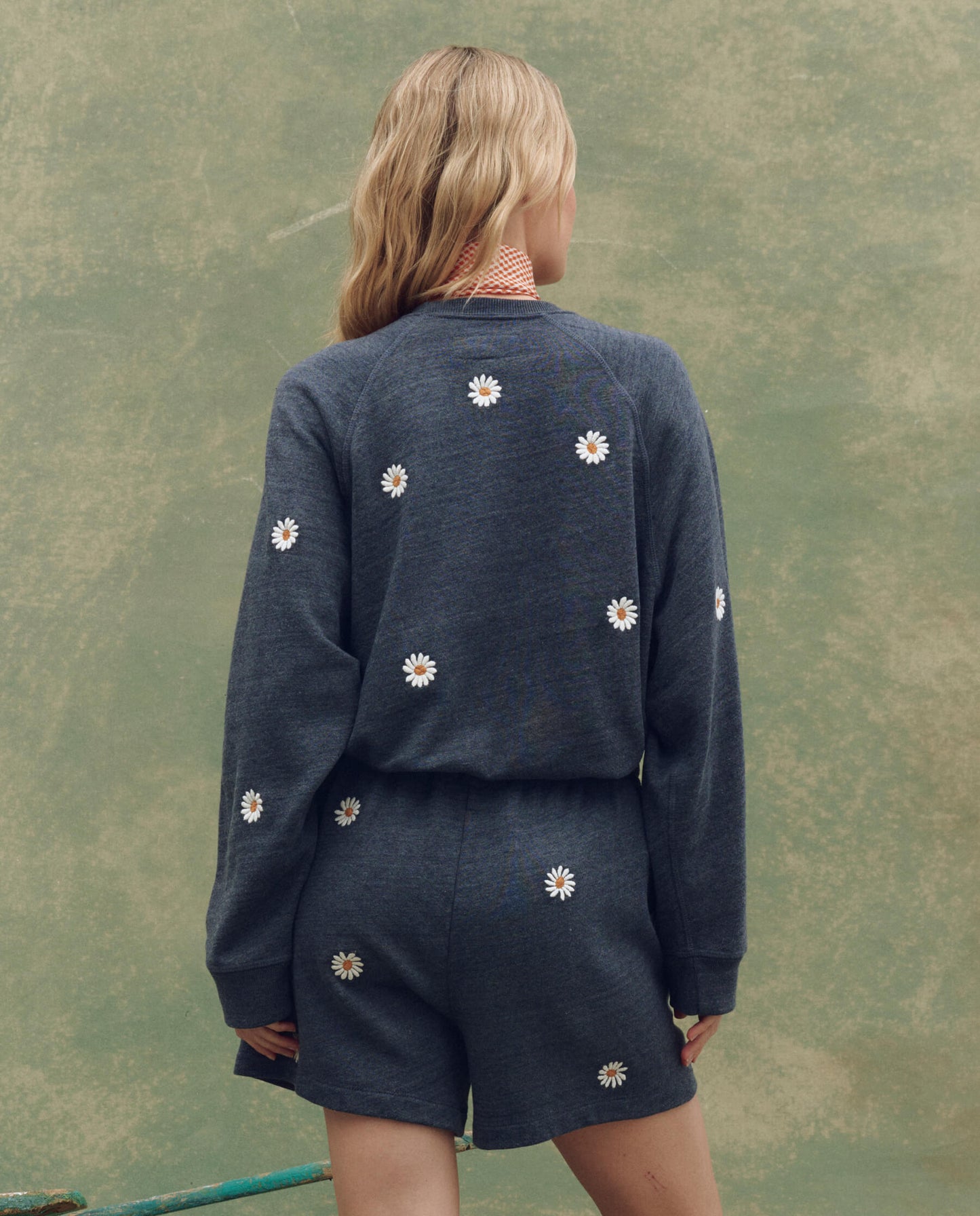 The Slouch Sweatshirt. Embroidered -- Heathered Vintage Blue with Floating Daisy Embroidery