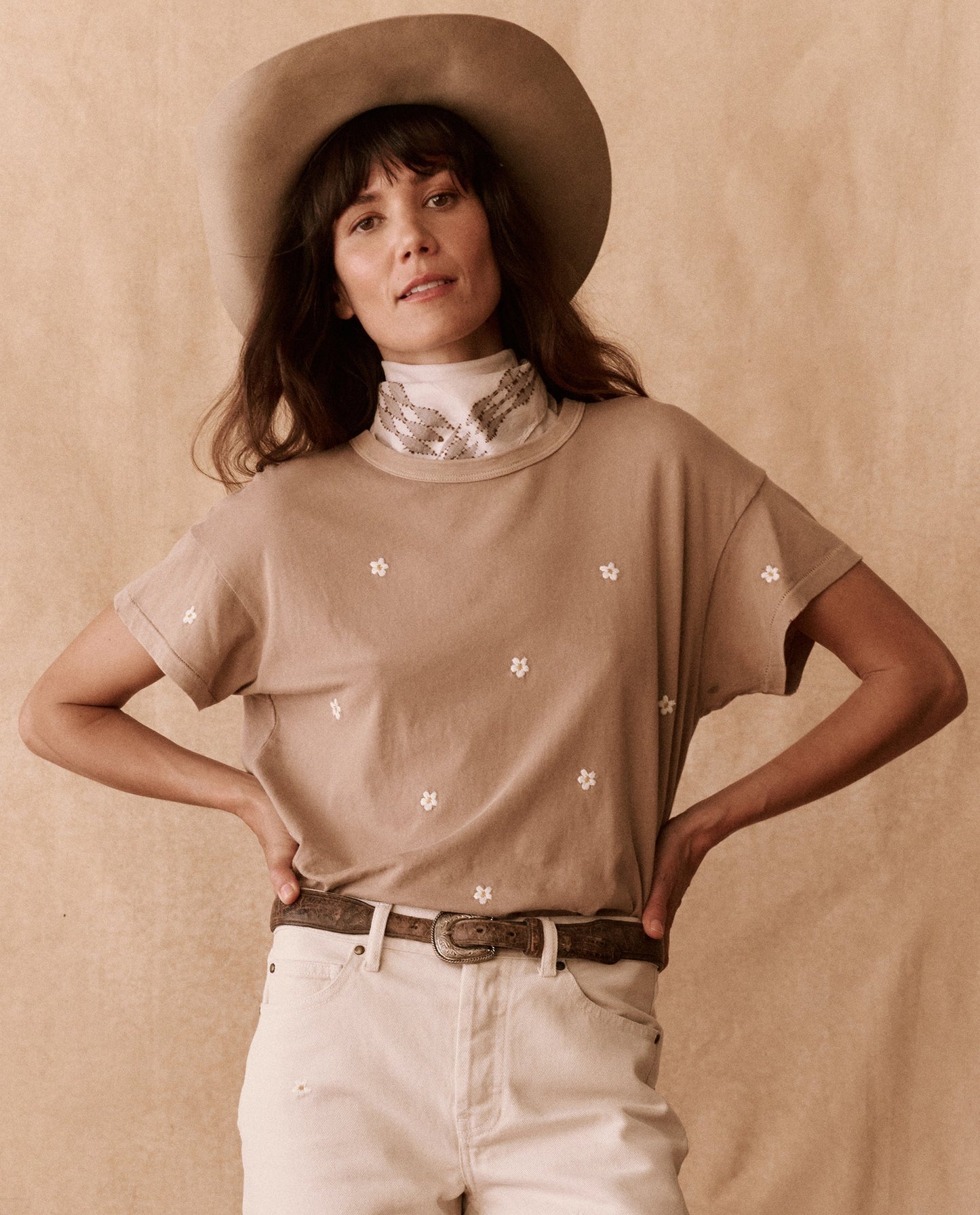 The Boxy Crew. Embroidered -- Khaki with Daisy Embroidery