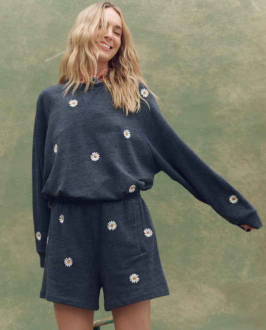 The Slouch Sweatshirt. Embroidered -- Heathered Vintage Blue with Floating Daisy Embroidery