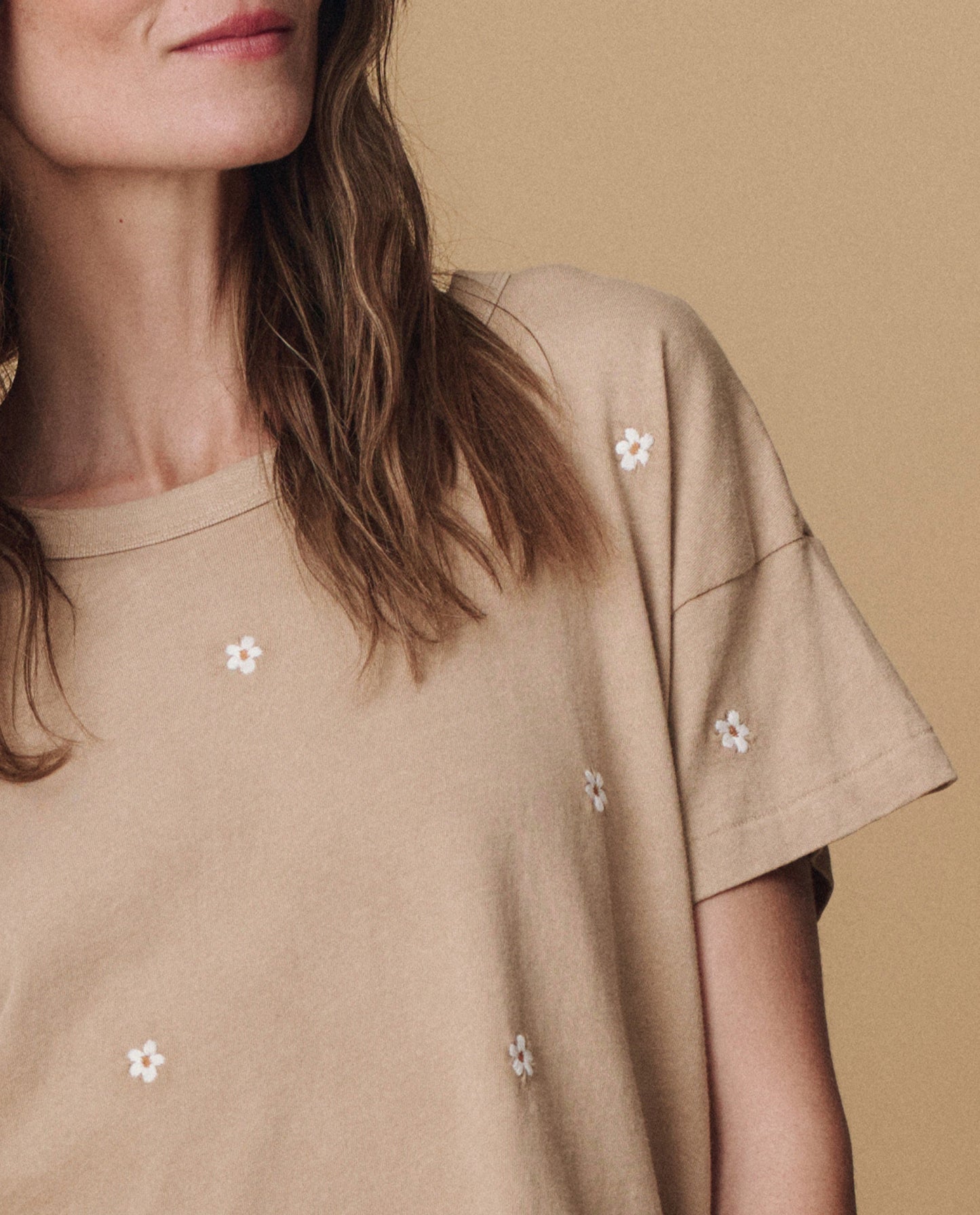 The Boxy Crew. Embroidered -- Khaki with Daisy Embroidery