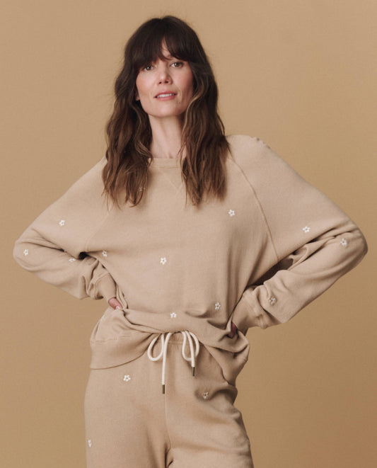 The Slouch Sweatshirt. Embroidered -- Khaki with Daisy Embroidery