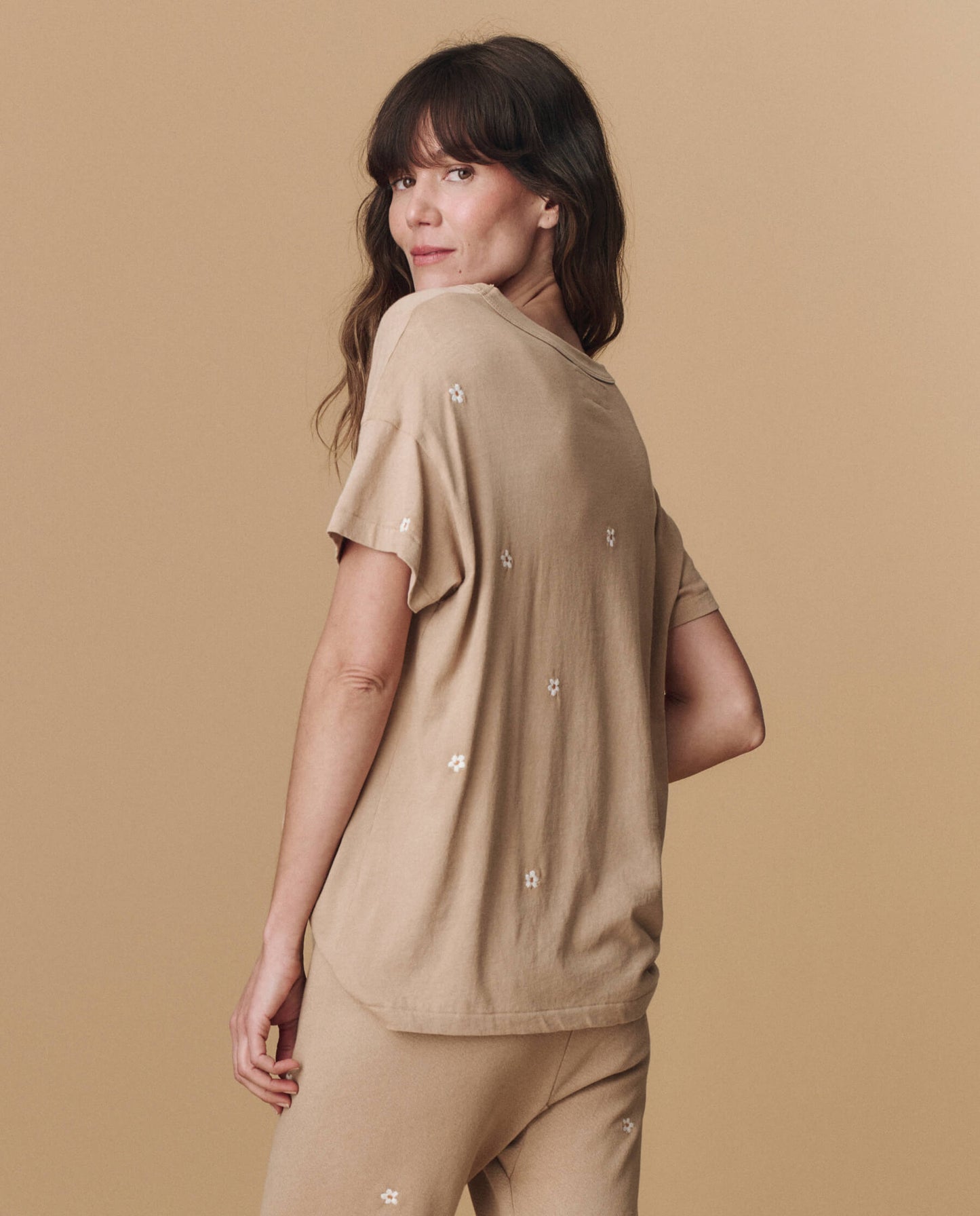 The Boxy Crew. Embroidered -- Khaki with Daisy Embroidery