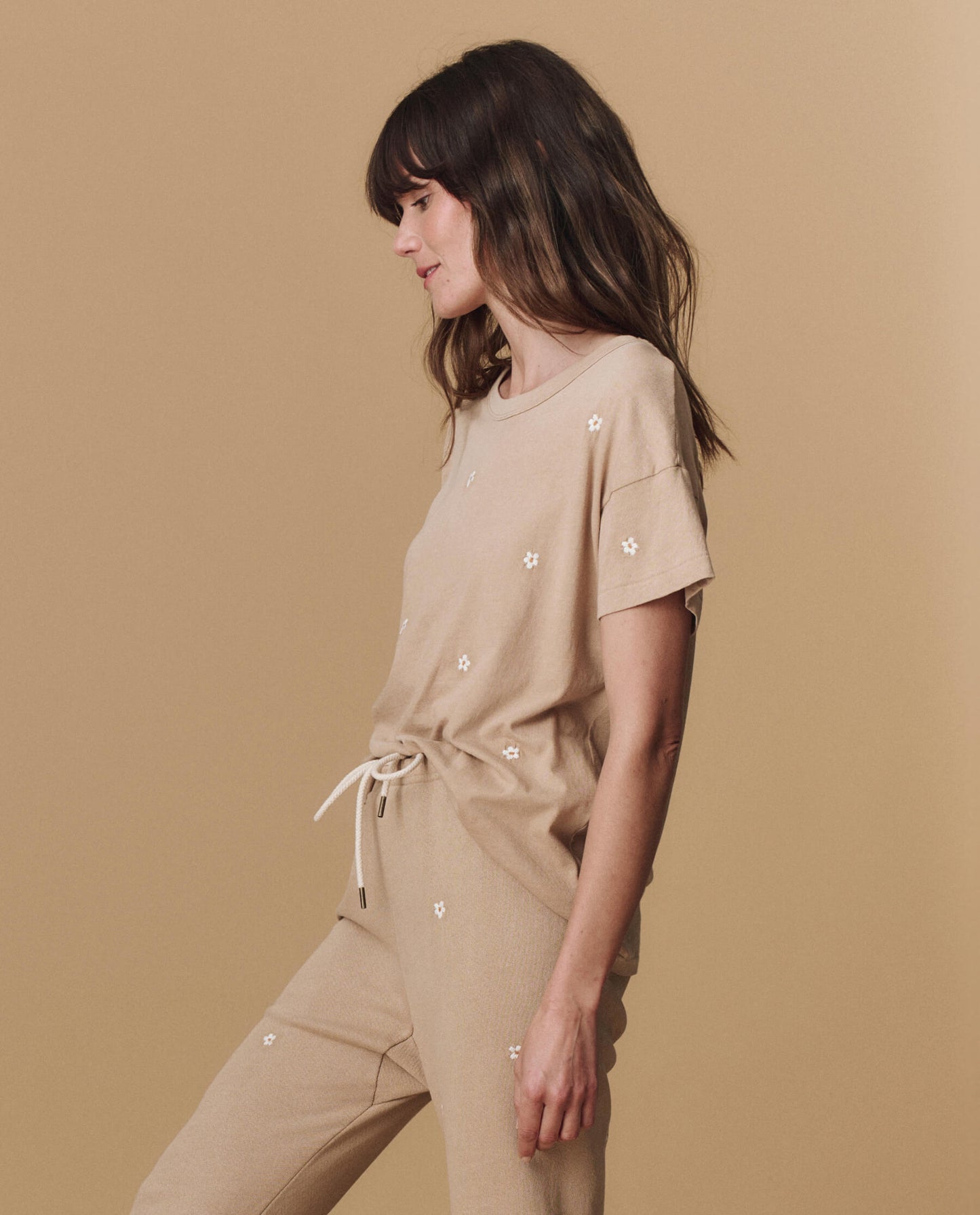 The Boxy Crew. Embroidered -- Khaki with Daisy Embroidery