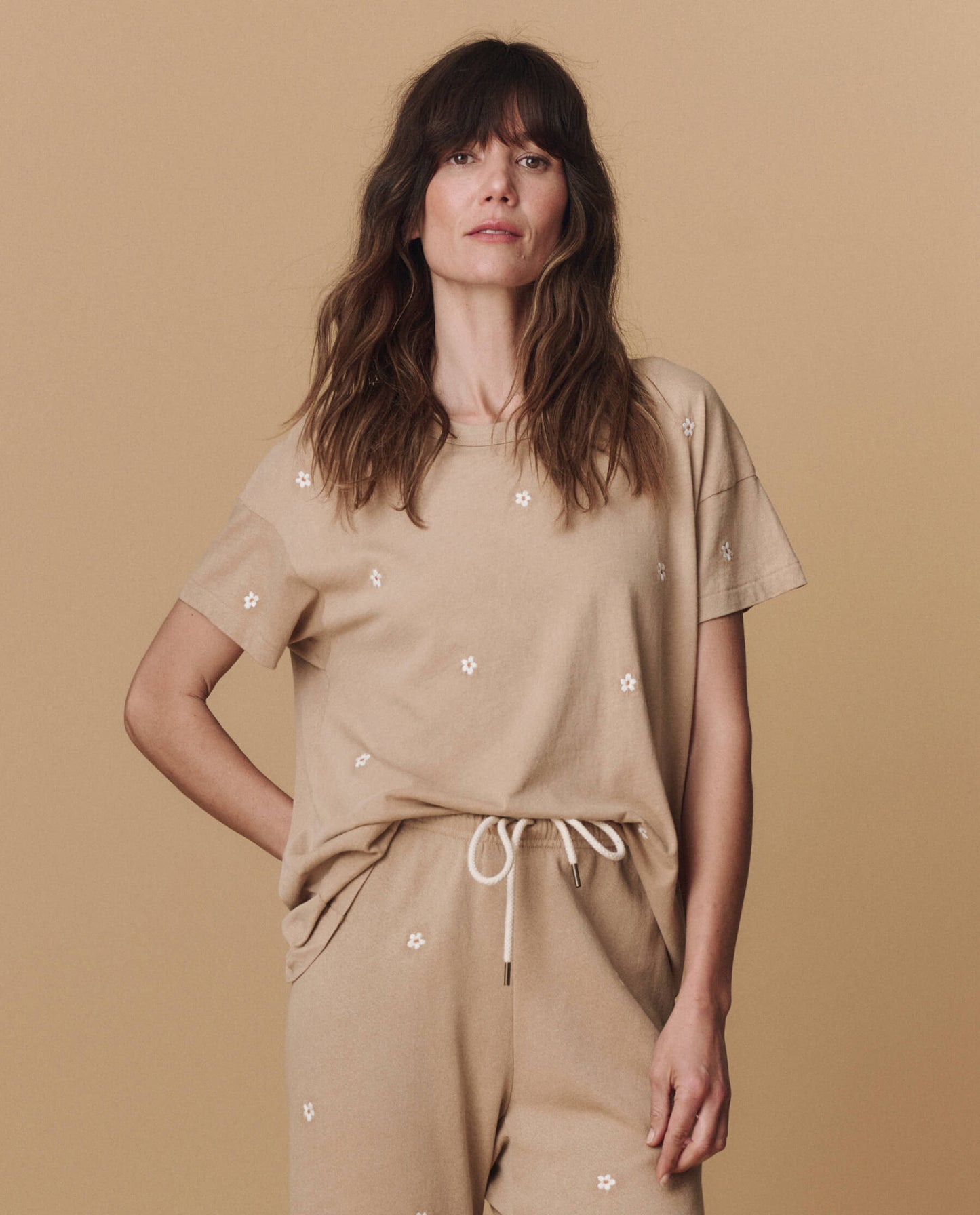 The Boxy Crew. Embroidered -- Khaki with Daisy Embroidery