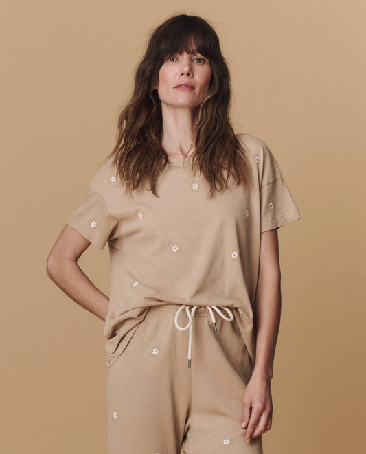 The Boxy Crew. Embroidered -- Khaki with Daisy Embroidery