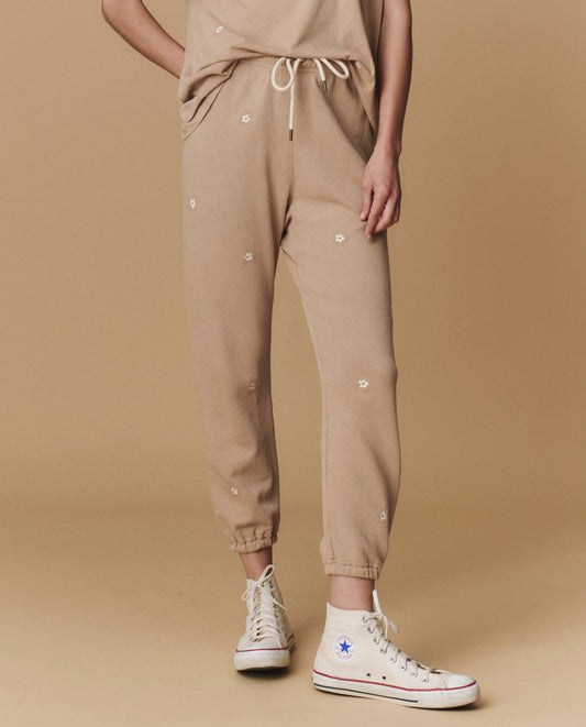 The Stadium Sweatpant. Embroidered -- Khaki with Daisy Embroidery